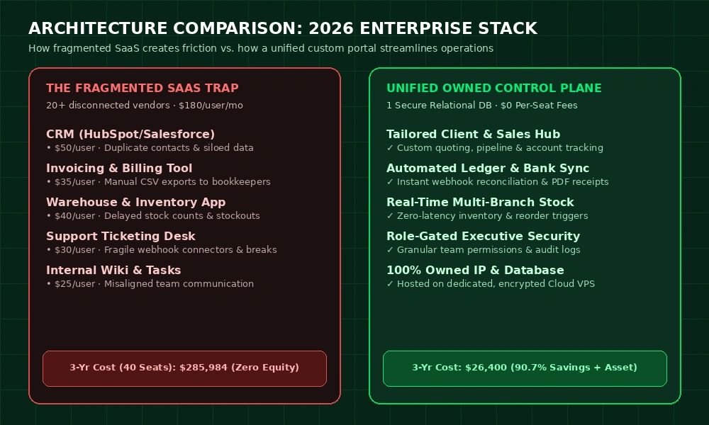 Architecture Comparison: Fragmented SaaS Stack vs Unified Custom Portal