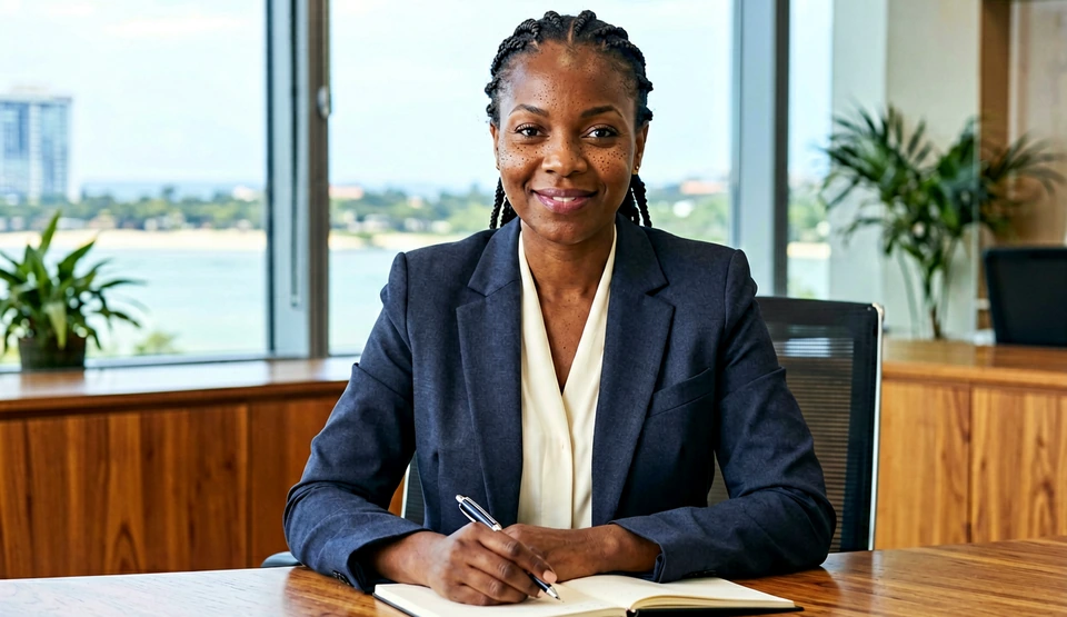 Senior Black Nigerian female technology consulting partner seated at a Lagos executive consultation table with notepad and pen, ready to listen and advise