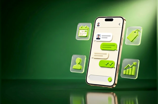 NewChild-branded 3D robot holding two smartphones with green chat interfaces, surrounded by floating 3D icons; dark green background, illustrative CGI visual