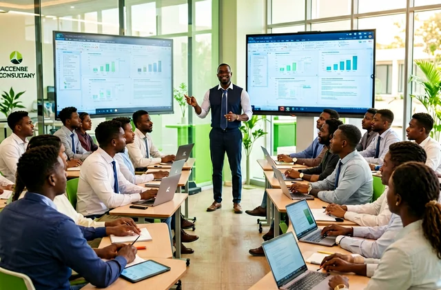 Corporate technology classroom with a lecturer and adult professionals using laptops